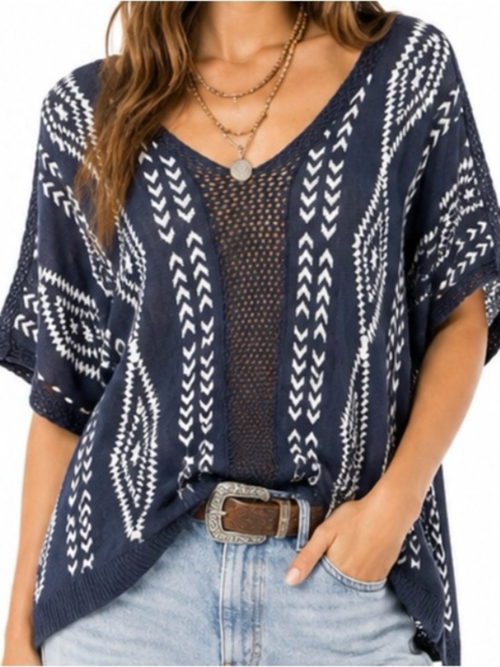 Ella Moss Casita Tribal BOHO Print V-Neck Poncho Sweater in Steel